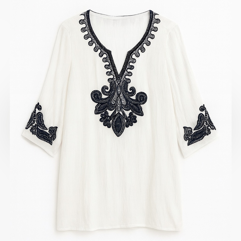 Chico’s Beaded Beach Coverup Resort Tunic Top White Black Size 1 (10/12)